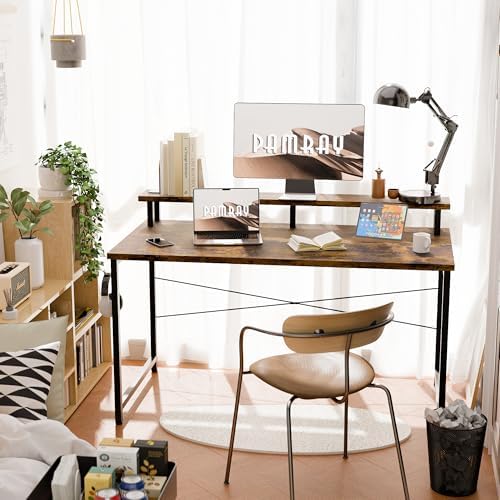 Pamray 47 Inch Small Computer Desk with Monitor Stand, Simple Office Desk with Headphone Hook for Small Spaces, Kids Study Writing Table for Bedroom, Vintage - Image 2