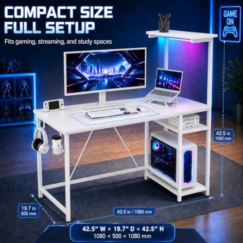 GTPLAYER 43" Gaming Desk with LED Lights, Reversible Shelves, White - Image 2