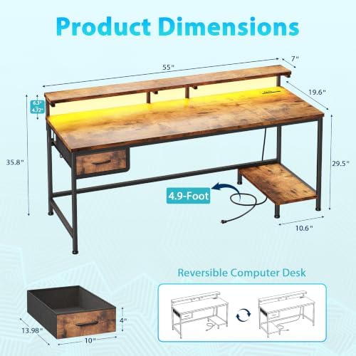 DurayLoly 55" Office Desk with Power Outlet & Fabric Drawer,Rustic Brown - Image 3
