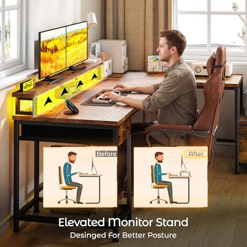 DurayLoly 63" L Shaped Desk with 2 Drawers and Printer Stand,Bedroom,Brown - Image 4