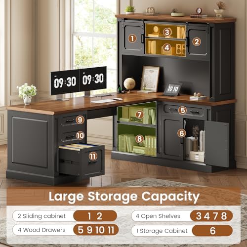 SEDETA 67" Farmhouse Executive L Shaped Desk with Hutch & Storage - Image 4