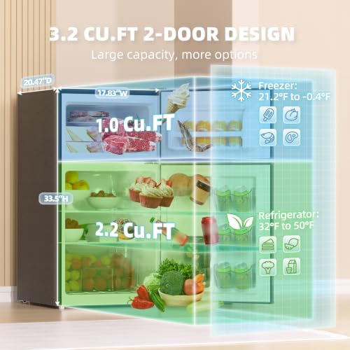 Mini Fridge with Freezer 3.2 Cu.Ft. 2 Door Refrigerator and Freezer Small Fridge for Bedroom Home Office Dorm, Small Drink Chiller, Adjustable Thermostat,37 dB Low Noise, Black - Image 2