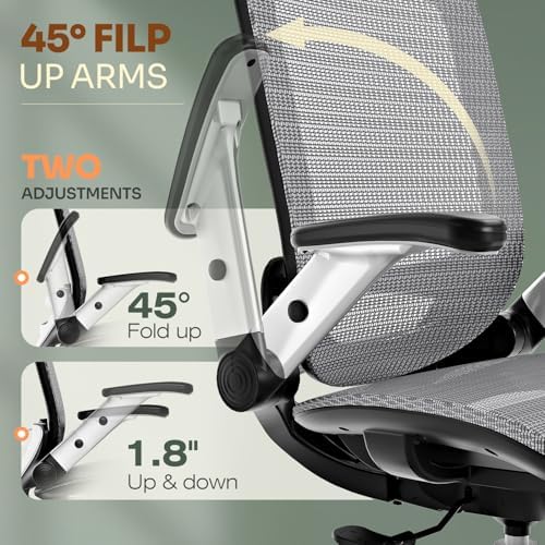 GABRYLLY Ergonomic Office Chair, High Back Home Desk Chair with Headrest, Flip-Up Arms, 90-120° Tilt Lock and Wide Cushion, Big and Tall Mesh Chairs for Man Woman, Grey Task Chair - Image 5