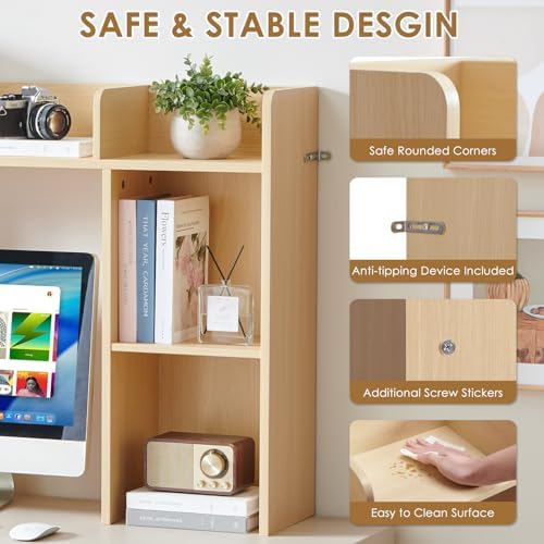 Nromant Desktop Bookshelf, Wooden Desk Storage Hutch with 4 Shelves, 3-Tier Desktop Display Organizer Rack for Office Home (Natural, 5 Shelves A) - Image 5
