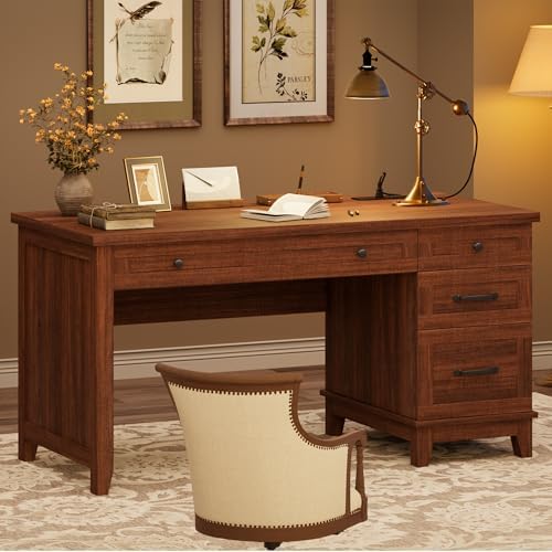53.5" Executive Desk with Power Outlet, Home Office Desk with Drawers, Wooden Work Desk with File Cabinet, Computer Desk for Work, Study, Writing, Brown - Image 5