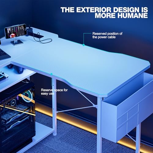 Acrolix L Shaped Gaming Desk 55 Inch - Computer Corner Desk with Power Outlets, Reversible Shelves & Storage Bag for Home Office, PC Gaming Table, White Carbon - Image 4