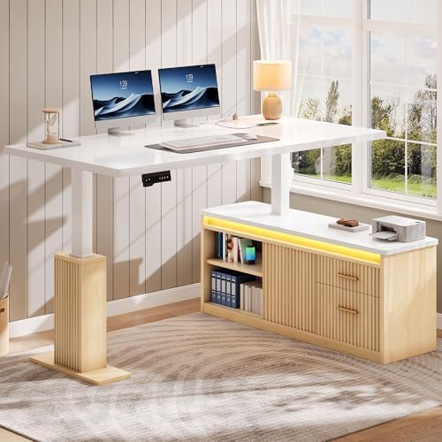 YITAHOME L Shaped Standing Desk with Power Outlets & LED Lights, 63" Electric Standing Desk Adjustable Height Sit Stand Corner Standing Desks with Drawers & Sliding Door, High-Gloss White+Natural Oak - Image 3