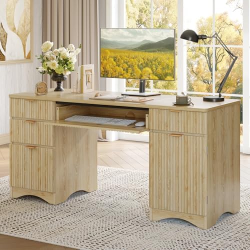 Bestier 63 Inch Home Office Desk with Drawers, Fluted Executive Desk with Ample File Drawer, Keyboard Tray & Storage Cabinet for Study, Living Room, Bedroom, Natural Oak - Image 2