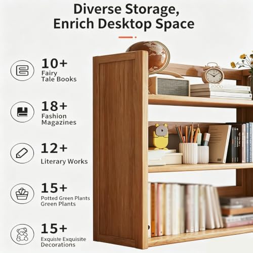 3 Tier Solid Wood Bookshelf for Desktop with Storage Shelves - Image 3