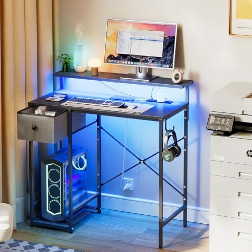 X-cosrack 33.5" Small Gaming Desk with LED Lights & Long Monitor Stand, Compact Computer Desk with Power Outlets & CPU Stand, Gamer Table with Storage Drawer for Home Office, Bedroom Corner, Black - Image 2