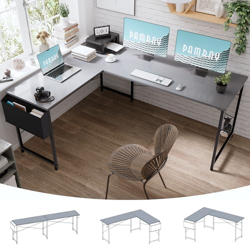 Pamray 64.5 Inch Reversible L Shaped Gaming Desk Large Corner Computer Desk with Storage Bag Home Office Table for Writing Study Grey by PAMRAY