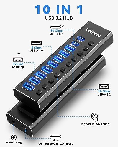 Powered USB Hub 3.2, LEINSIS 10-Port USB 3.2/USB C Hub (10Gbps USB-A 3.2 +2 USB-C 3.2 +7 USB 3.0 Ports) with Individual On/Off Switches and 12V Power Adapter, Aluminum USB Hub Powered for Laptop PC - Image 2