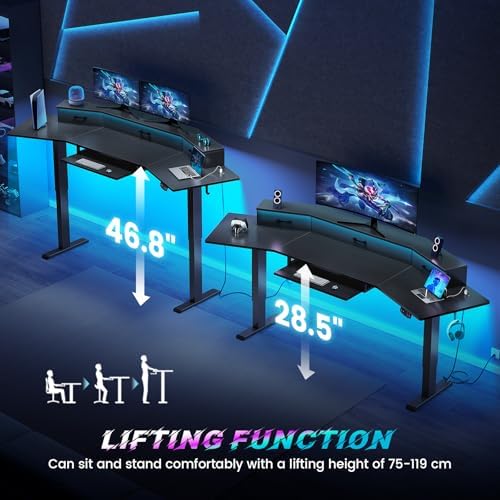 SEDETA 79'' Electric Standing Gaming Desk with Drawers and Led Lights, Height Adjustable Computer Desk with Power Outlet, Keyboard Tray for Home Office, Workstation, Stand up Gaming Table, Black - Image 3