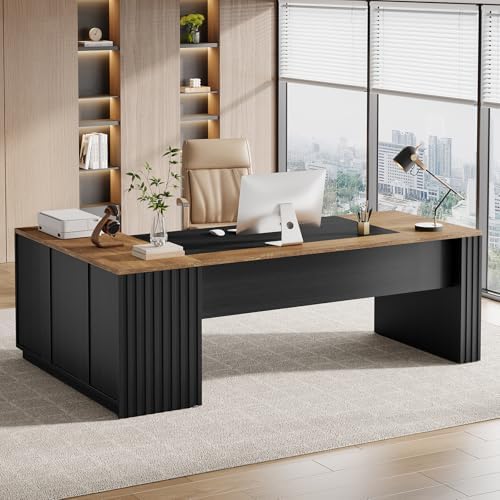 Tribesigns 78" L Shaped Executive Desk with Drawers, Large Office Computer Desk with Cabinet and Storage Shelves, Modern Business Furniture Sets Workstation for Home Office (Brown&Black) by Tribesigns