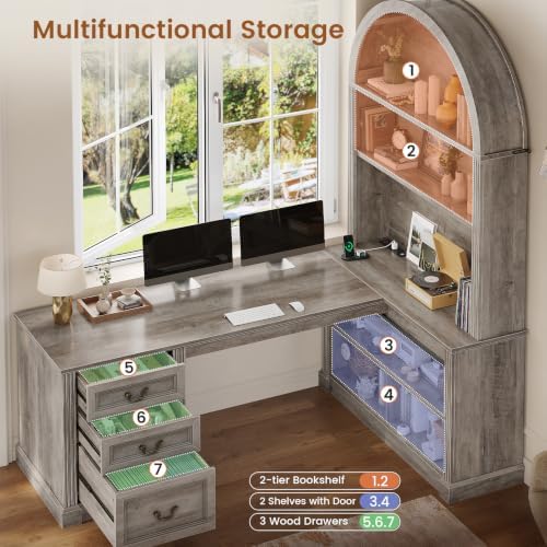 SEDETA 67" L Shaped Desk with Tall Arched Bookshelf & 3 Drawers Storage - Image 5