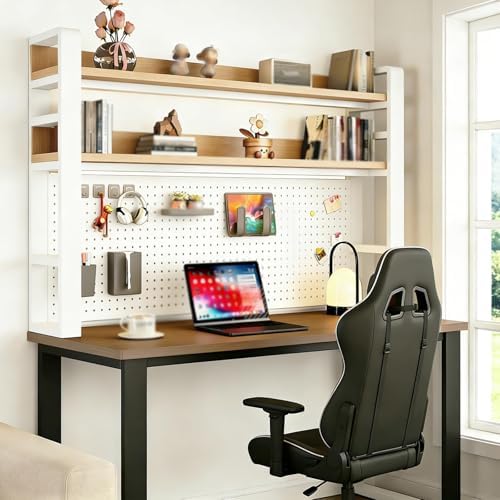 2/3/4 Tier Desk Hutch, Freestanding Desktop Bookshelf, Metal Desk Shelf with Pegboard, Desk Shelves for Top, for Dorm Office and Home(White+Light Walnut,37 * 9 * 37in) by ZUGIATP