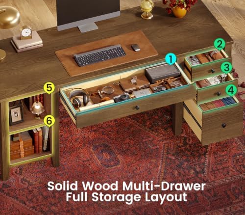 SEDETA Solid Pine Wood Computer Desk, 58'' Executive Home Office Desk with 4 Wood Drawers and Storage Shelves for Work Study Writing, Brown - Image 6