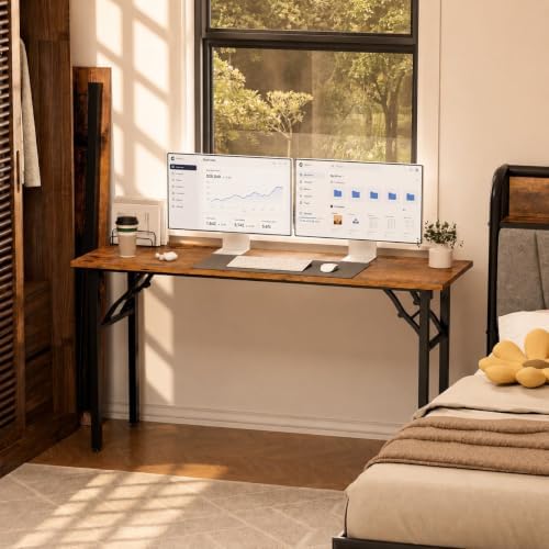 Folding Table Computer Desk - 55.1" No Assembly Folding Desk Design and Foldable Office Desk, Small Desk for Bedroom, Compact Storage Portable Use for Dorm and RV Small Space, Rustic Brown - Image 2