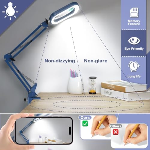 Drdefi 12X Square Magnifying Glass with Light and Stand, Real Glass LED Lighted Magnifier, 5 Color Modes Stepless Dimmable, Hands-Free Mag Desk Lamp with Clamp for Reading Craft Hobby Close Work Blue - Image 5