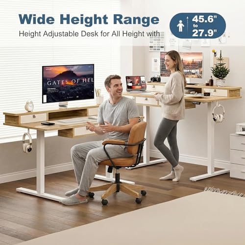 Grandder Electric Standing Desk with Four Drawers, Sit to Stand Up Height Adjustable Desk with Storage Shelf for Home Office, 47 * 28 Inch, Study, Ergonomic Adjustable Computer Desk, Oak - Image 3