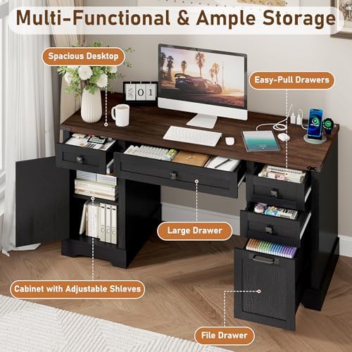 Squireewo 58'' Farmhouse Home Office Desk with Drawers, Wooden Executive Desk with Charging Station, File Drawers and Storage Cabinet, Computer Desk for Work, Study and Writing, Black - Image 4