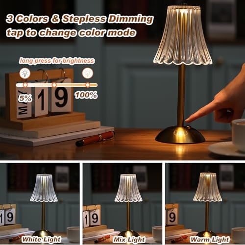 Liliful 2 Pcs Cordless Table Lamp LED Touch, Gold, Rose Style - Image 4
