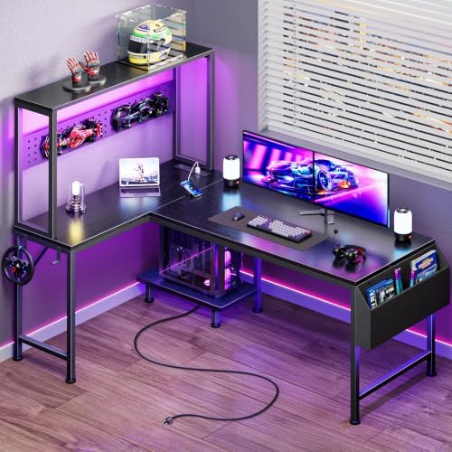 PRAISUN L Shaped Gaming Desk with LED Lights & Power Outlets by PRAISUN