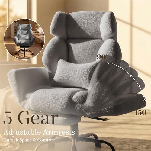 Office Chair with Flip Armrests,Comfy Criss Cross Chair for Pets Sitting,Big and Tall Office Chair with Foot Rest,Extra Wide Seat & Lumbar Pillow,Ergonomic Computer Gaming Chair,Teddy Fleece,Grey - Image 4