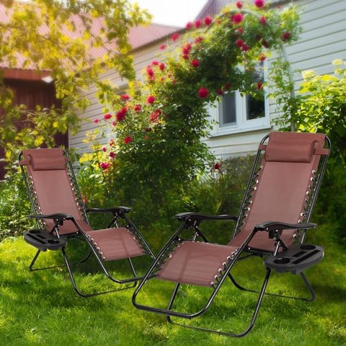 Nazhura Set of 2 Relaxing Recliners Patio Chairs Adjustable Steel Mesh Zero Gravity Lounge Chair Beach Chairs with Pillow and Cup Holder Khaki (Brown) - Image 2