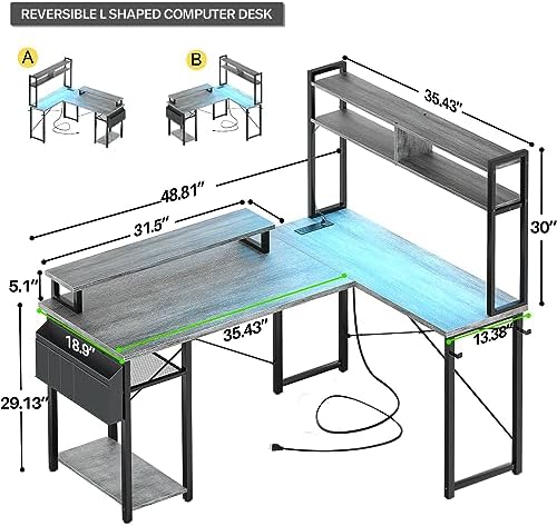 Aheaplus Small L Shaped Desk Gaming Desk with LED Lights & Power Outlets - Image 2