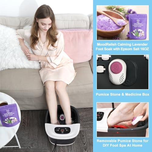 Foot Spa Bath Massager with Heat Bubbles and Vibration Massage and Jets, 16 OZ Calming Lavender Foot Soak with Epsom Salt, Foot Soaker with Red Light, 22 Massage Rollers, Adjustable Temp - Black - Image 3