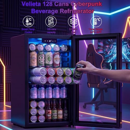 17" Beverage Refrigerator with LED Light Up Door – 128 Can Freestanding Drink Fridge, Small Beer Cooler with 4 Removable Shelves, Child Safety Lockfor Gaming Room Home Bar Party,Cyberpunk - Image 5