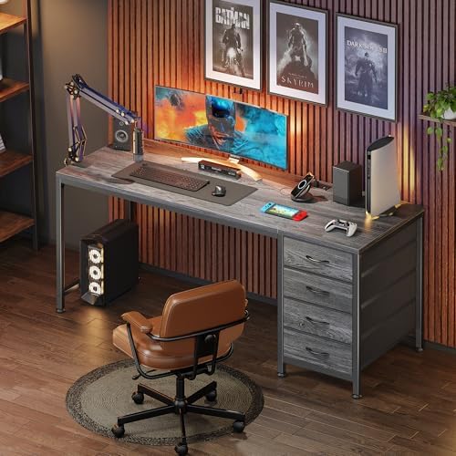 PRAISUN 55.1 Inch Computer Office Desk with Power Outelts and USB-C Port, Reversible Gaming Desk with 4 Fabric Drawers, Work Study Desk Work from Home, Grey - Image 7