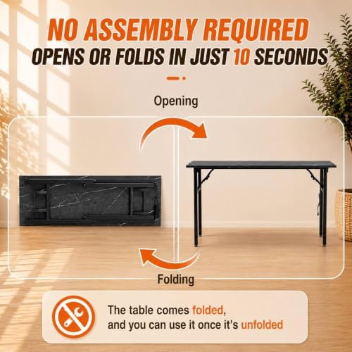 Folding Table Computer Desk - 55.1" No Assembly Folding Desk Design and Foldable Office Desk, Small Desk for Bedroom, Compact Storage Portable Use for Dorm and RV Small Space, Marble Greige - Image 4