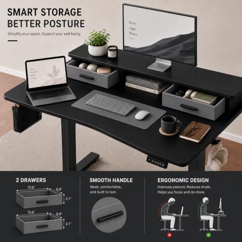 Grandder Electric Standing Desk with Two Drawers, Curved Sit to Stand Up Height Adjustable Desk with Storage Shelf for Home Office, 47 * 26 Inch, Study, Ergonomic Adjustable Computer Desk, Black - Image 6