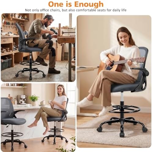 Drafting Chair Tall Office Chair with Flip-up Armrests, Adjustable Height, Enhanced Lumbar Support Ergonomic Rolling Stool, Back Support, Adjustable Foot Rest Ring for Standing Desk Dark Gray - Image 5