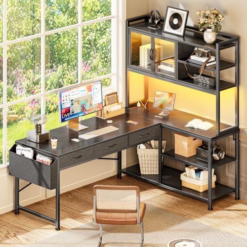 PRAISUN 57.5 Inch L Shaped Gaming Desk with Power Outlets and LED Lights - Image 2