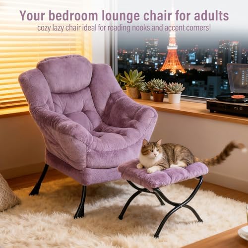 Furlide Lazy Chair with Ottoman, Comfy Plush Reading Chair for Bedroom，Purple - Image 3