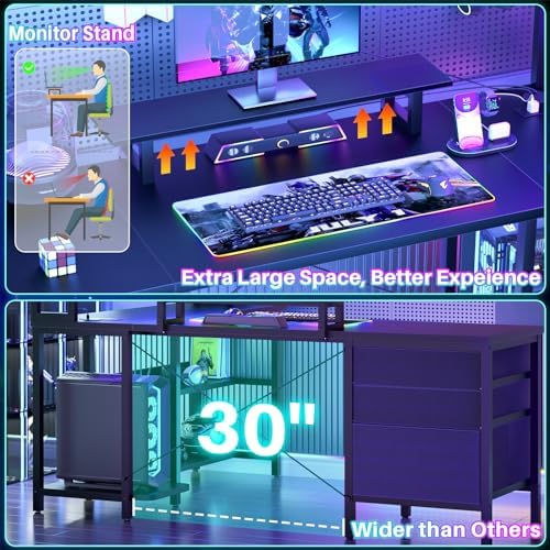 Aheaplus L Shaped Desk with Hutch, Gaming Desk with Led Lights, Reversible Computer Desk with Power Outlet, Corner Desk with File Drawer & Monitor Stand, Storage Shelves for Home Office, Black - Image 6