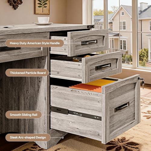 Decofy Farmhouse Executive Desk with Drawers, 55" Home Office Desks with Fast Charging Station, Lockable File Cabinet, Wood Writing Computer Desk for Work, Study, Grey - Image 3