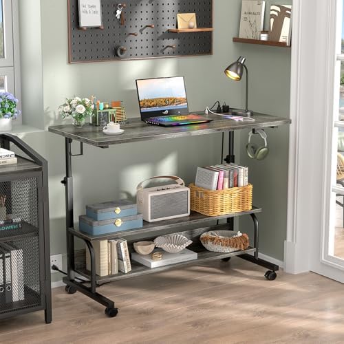 39" Height Adjustable Standing Desk with Power Outlets - Manual Rolling Stand Up Desk with Wheels Small Portable Computer Desk Mobile Laptop Table with Storage Shelves for Home Office, Grey Oak - Image 2