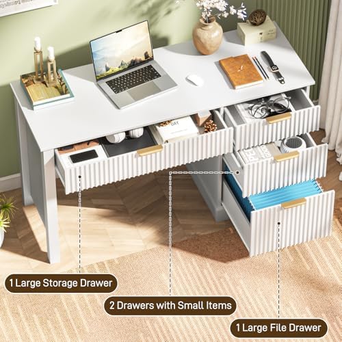 Vabches Fluted Executive Desk with Drawers, Wood Computer Desk with Ample File Drawer, Home Office Desk with Storage for Study, Bedroom, Living Room, White - Image 3
