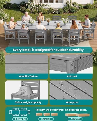 SERWALL HDPE Outdoor Furniture, Outdoor Dining Set for 10, Light Gray - Image 7