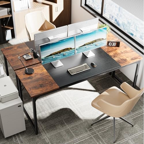 Huuger Computer Desk, 70 Inch Office Desk, Gaming Desk with Storage, Writing Desk Work Desk for Home Office, Study, Long Simple Desk, Large Legroom, Metal Frame, Rustic Brown and Black - Image 2