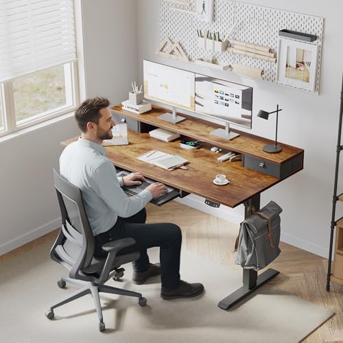 Klicelor 48 x 24 Inch Electric Standing Desk with Drawers and Keyboardtray, Adjustable Height Small Sit Stand Desk for Home Office, Compact Computer Workstation with Storage- Rustic Brown - Image 2