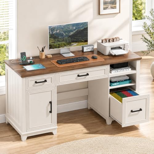 Vabches 55" Farmhouse Executive Desk with Charging Station, Rustic White - Image 3
