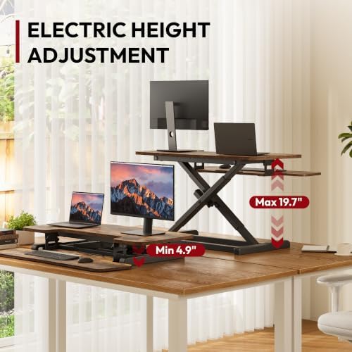 SANODESK Standing Desk Converter with Electric Motor 35" Height Adjustable Desk Riser for Office Home,Monitor and Laptop Workstation with Large Keyboard Tray, Rustic Color - Image 3