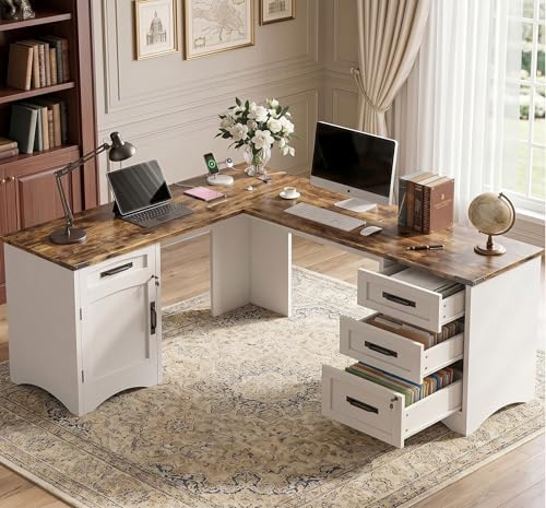 Decofy 67" Farmhouse L Shaped Standing Desk with Drawers Home Office Executive Desks with Fast Charging Station, Lockable File Cabinet, Wood Writing Computer Desk for Work, Study, White - Image 4