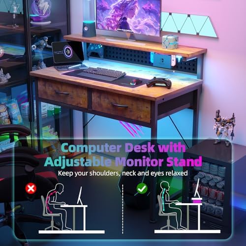 MUTUN Small Desk with Drawers, 31 Inch Computer Desk with Power Outlet & LED Light, Gaming Desk with Adjustable Monitor Stand & Pegboard, Modern PC Study Writing Table for Bedroom, Rustic Brown - Image 5