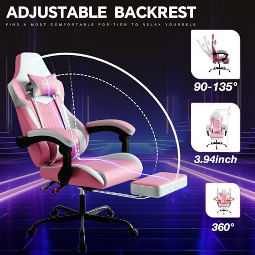 Gaming Chair with Footrest, High Back Gaming Chairs PVC Leather Ergonomic Gamer Chair with Adjustable Headrest Lumbar Support Racing Style Video Gaming Chair for Office/Home (Pink) - Image 4